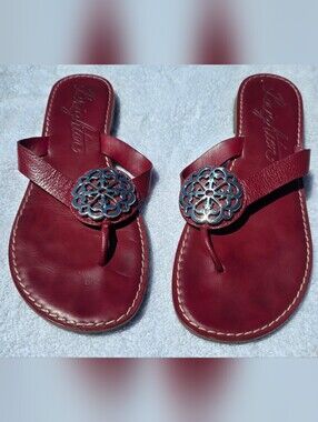 Brighton Burgundy Leather Thong Sandals with Silver Filigree Medallions